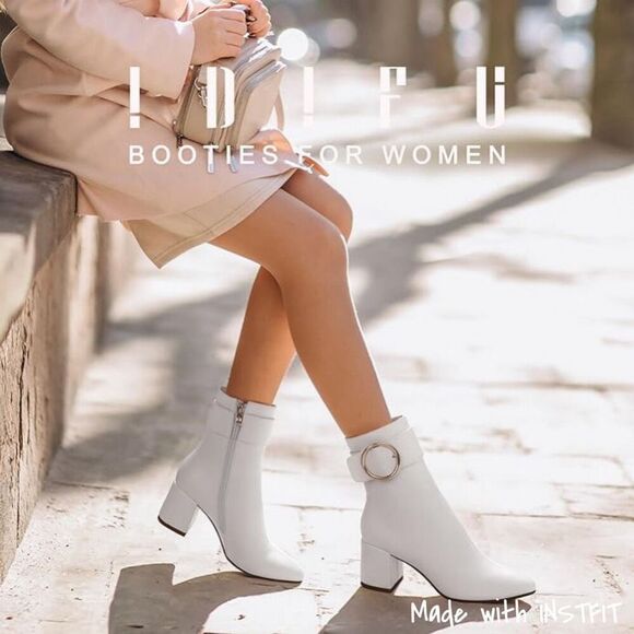 IDIFU Dressy Chunky Heel Ankle Boots Short Booties White 8 - Picture 2 of 9